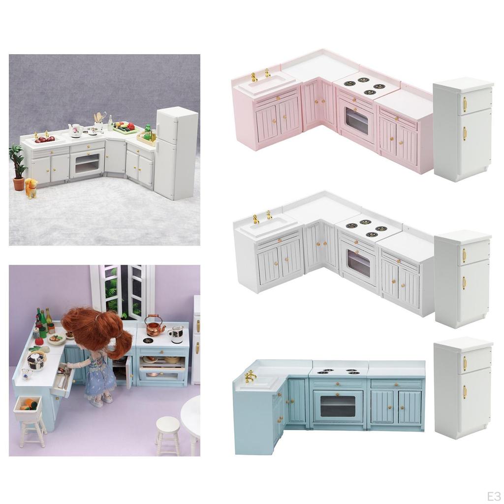 1/12 Doll House Mini Furniture Kitchen Set Playset Cabinet Cooking Table Sink Counter Fridge