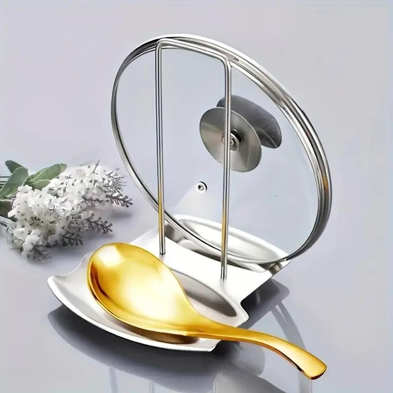 Stainless Steel Lid & Spoon Holder with Drip Tray, Detachable Pot Lid Organizer for Kitchen Storage