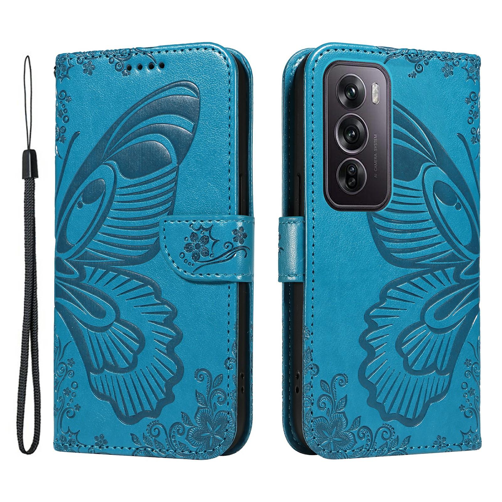 

For Oppo Reno12 Pro 5G (China)/(Global) Case Butterfly PU Leather Phone Cover Scratchproof Protect Blue