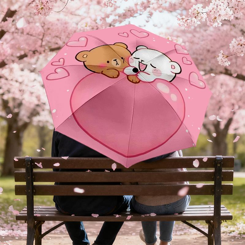 1pc Bear Heart Automatic Folding Umbrella 8 Rib Iron Frame, Compact Portable Umbrella Suitable for Travel, Daily Use, Birthday, Women & Men Gift 058
