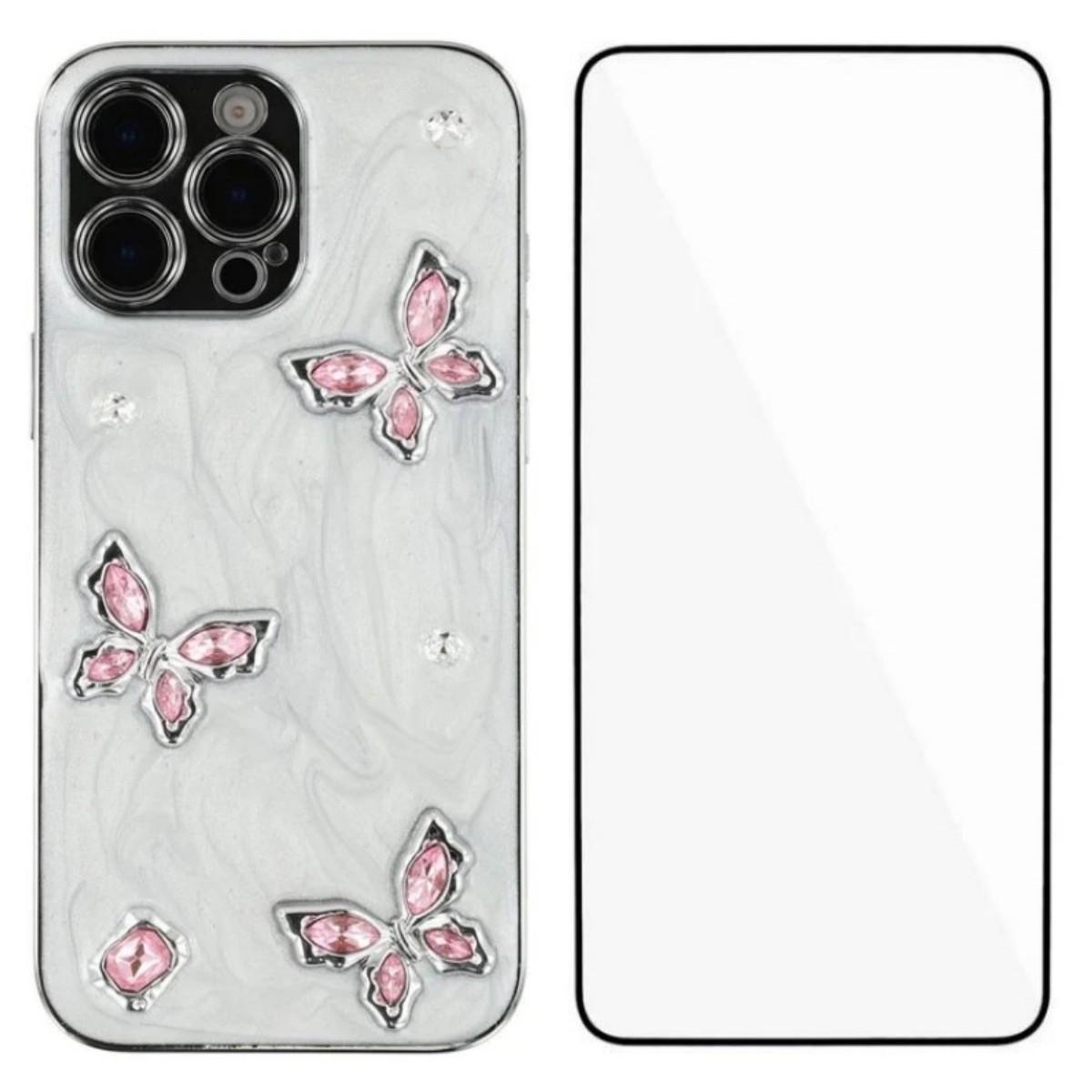 

For iPhone 16 Pro Max Case WANLONFENG Electroplated Epoxy TPU+Acrylic Phone Cover with Tempered Glass Pink Butterfly