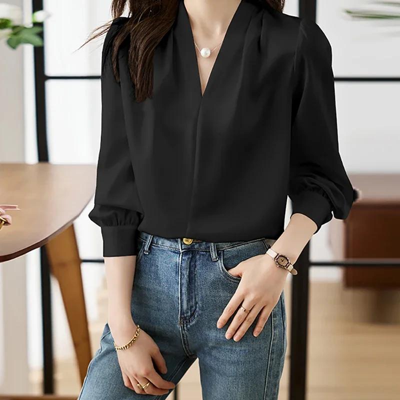 Women Elegant Shirt V-neck Chiffon Blouse Loose Casual Long Sleeve Office Shirt Chic Female Party Pullovers Top Autumn
