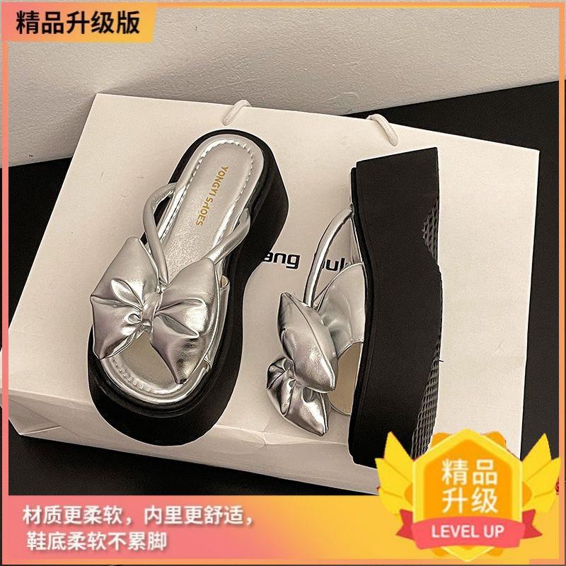 Gentle fairy wind bow thick bottom heightening women's outer wear 2025 summer new fashionable versatile one-word cool slippers