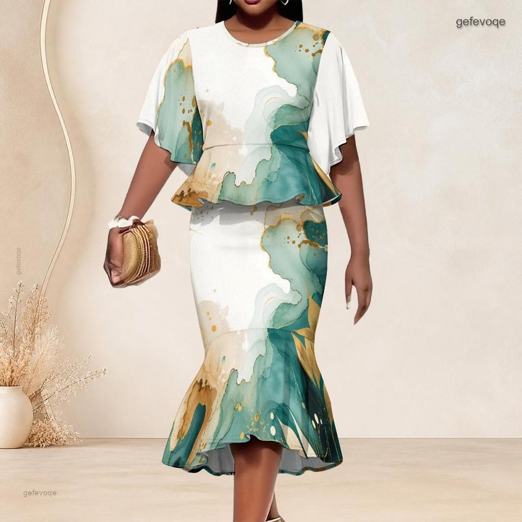 Women Plus Size Blue Gold Printed Round Neck Batwing Sleeve Ruffle Hem Top Fishtail Skirt Two Piece Set