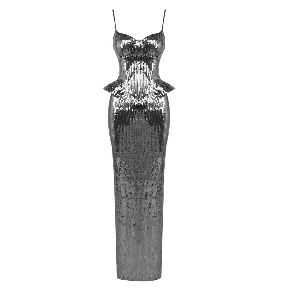 Women s Winter New Arrival: Sexy Sleeveless Sequin Camisole Evening Gown - Backless, Tie-Up, Hip-Hugging Long Dress L
