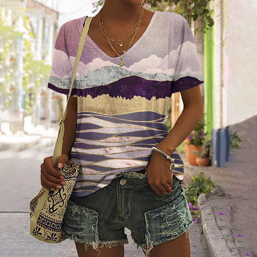 Printed Striped T-shirt New Simple Clothes Casual V-neck Short-sleeved T-shirt Retro T-shirt Summer