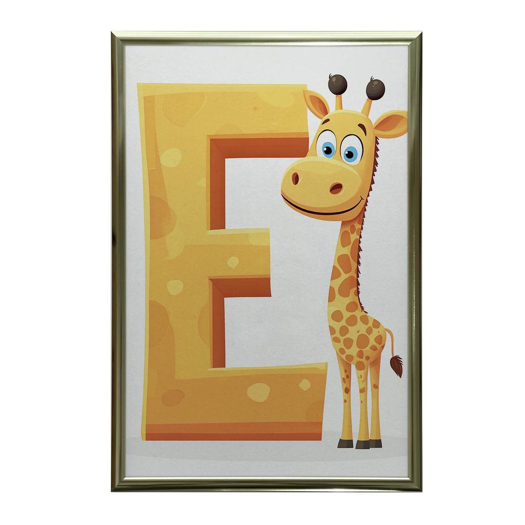 Plakat Uśmiechnięta Żyrafa I Litera E Plakat Uśmiechnięta Żyrafa I Litera E, 30X40 Cm, Rama Aluminiowa Złota, Papier Matowy 230 Gsm