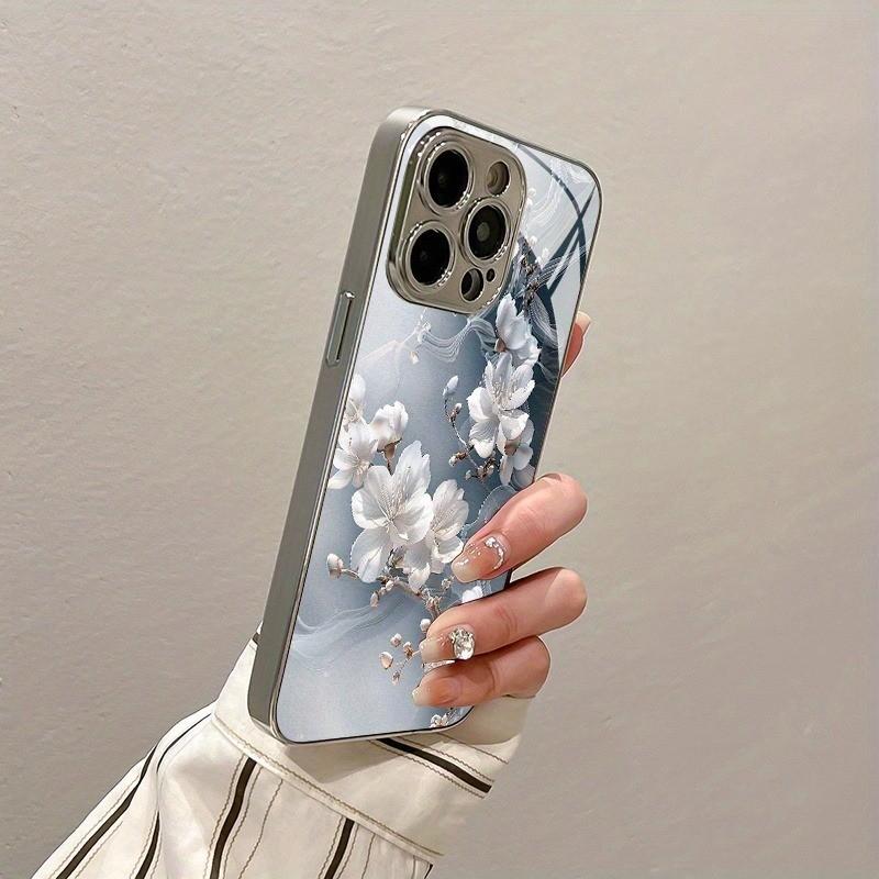 Stylish White Floral Glass Phone Case For Samsung Galaxy S26 S25 Edge S24 S23 FE S22 Ultra S20 S21 5G cover Anti-drop protection
