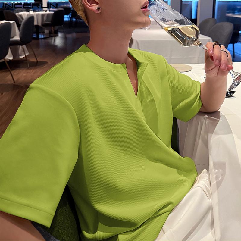 INCERUN Summer Men's V Neck Short Sleeve Texture Casual T-shirts Tops