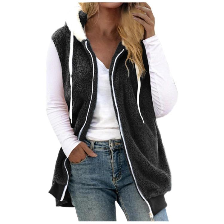 Warm Plush Vest Jacket Womens Fashion Sleeveless Hooded Zipper Pocket Solid Color Loose