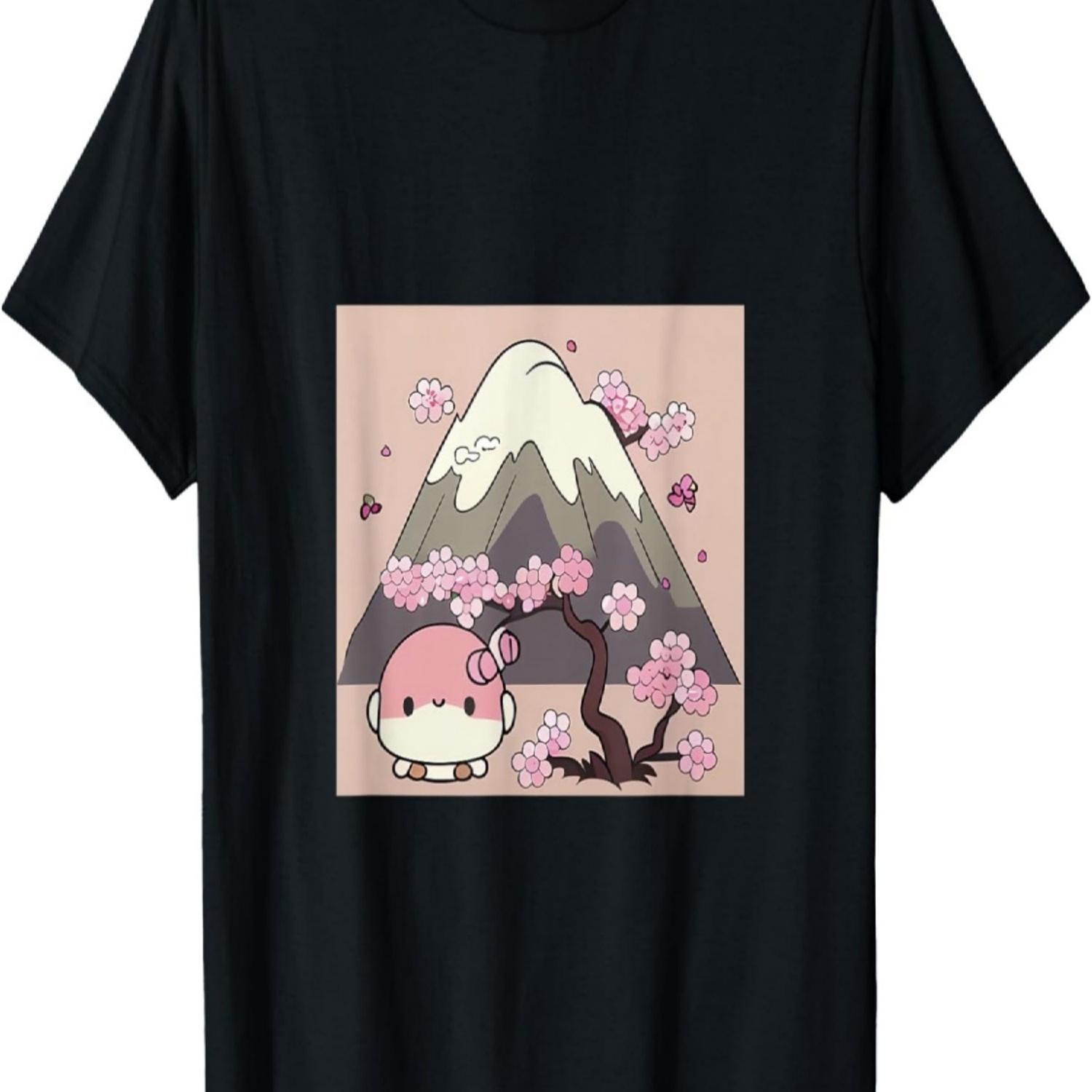 Cute Kawaii Bird in cherry blossom forest mountain T-Shirt S чёрный