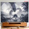Japanese Temple Tapestry Polyester Wall Hanging Misty Forest Dragon Samurai Living Room  Wall Tapestry Aesthetic Room Decor