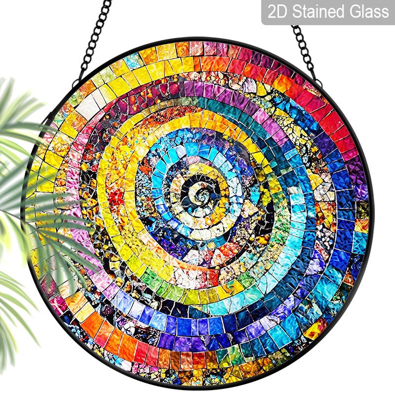 2D Flat Stained Glass Rainbow Spiral Window Decoration, 6.3/7.87inches Colored Glass Plate with Chain, Charming Indoor/Outdoor Sun Catcher Home