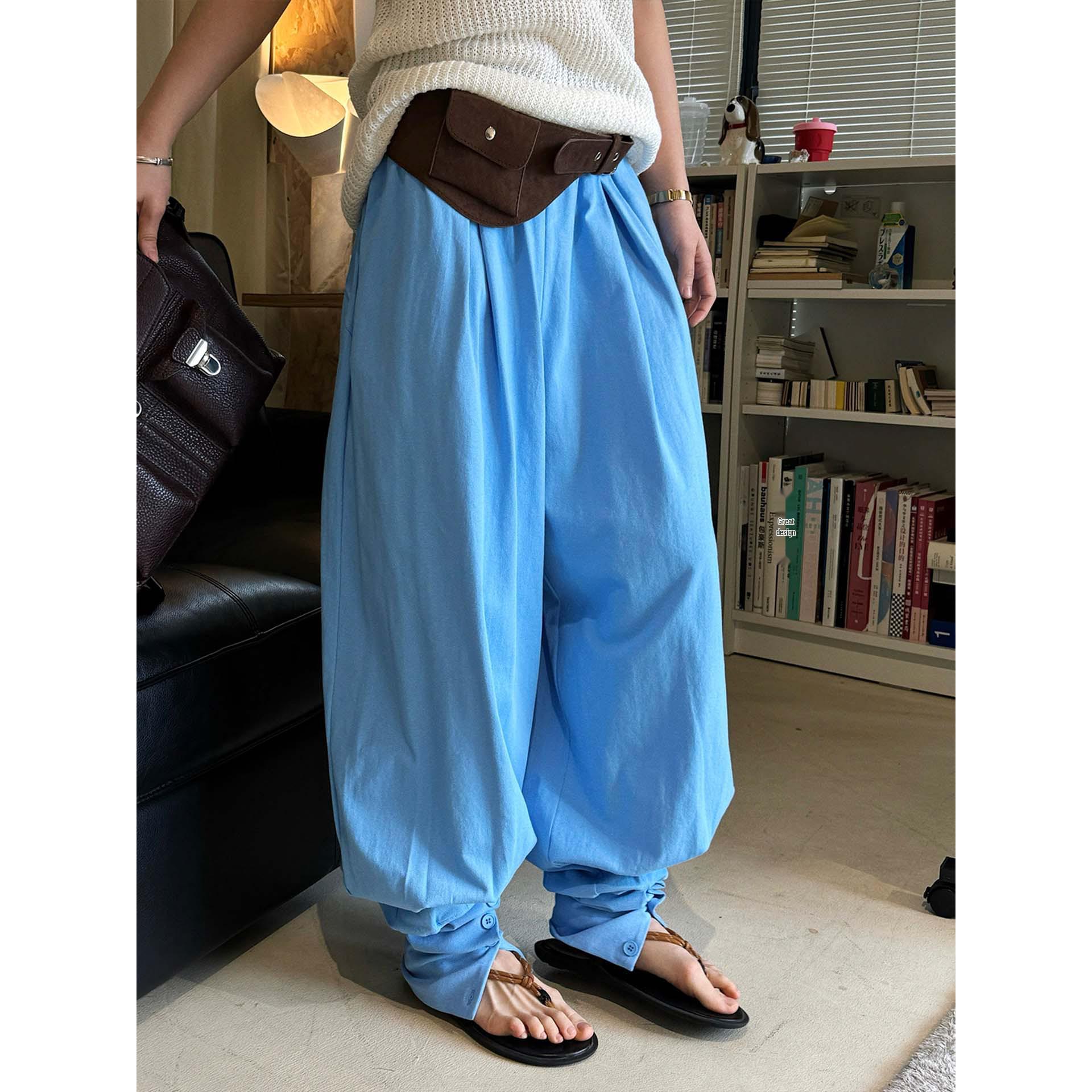 Xu Man Spring Retro Paris-Style Elastic Waist Knit Pants with Button Ankle and Lamb Sleeves Small