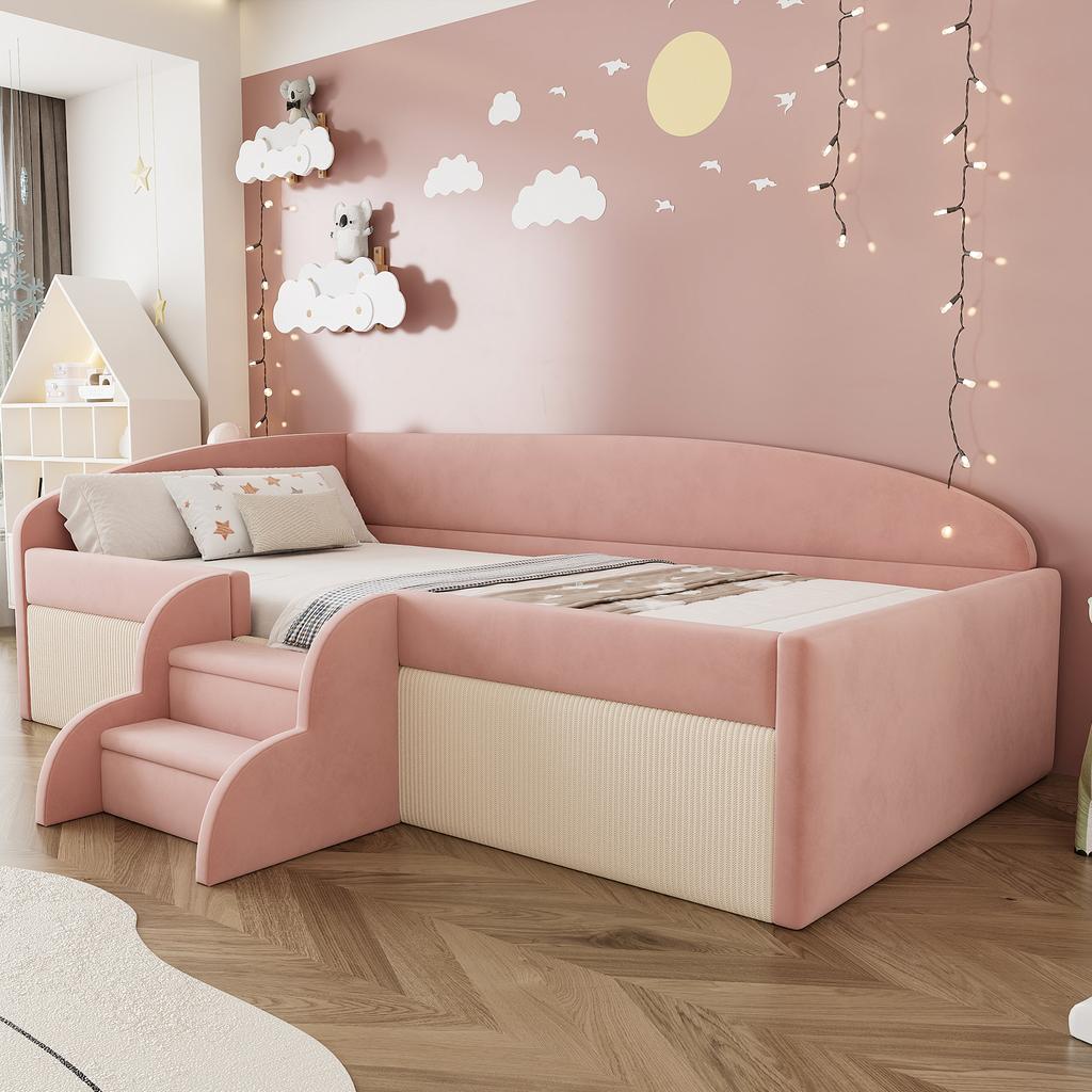 Upholstered Bed Sofa Bed, 90*190cm, Multifunctional Bed, with Steps and Guardrails, Skin-Friendly Velvet Fabric, without Mattress, Pink+Cream White