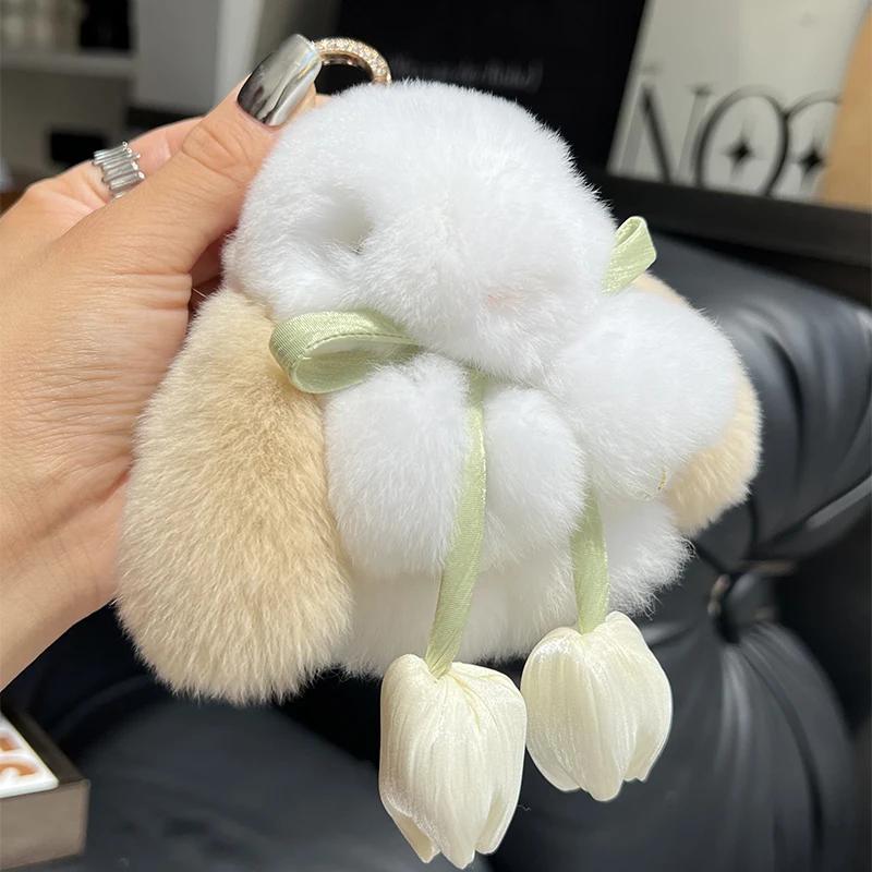 Cute Rabbit Fur Keychain Mini Bunny Pendant Women Bag Car Key Ring Ornaments Girl Plush Toy Gift
