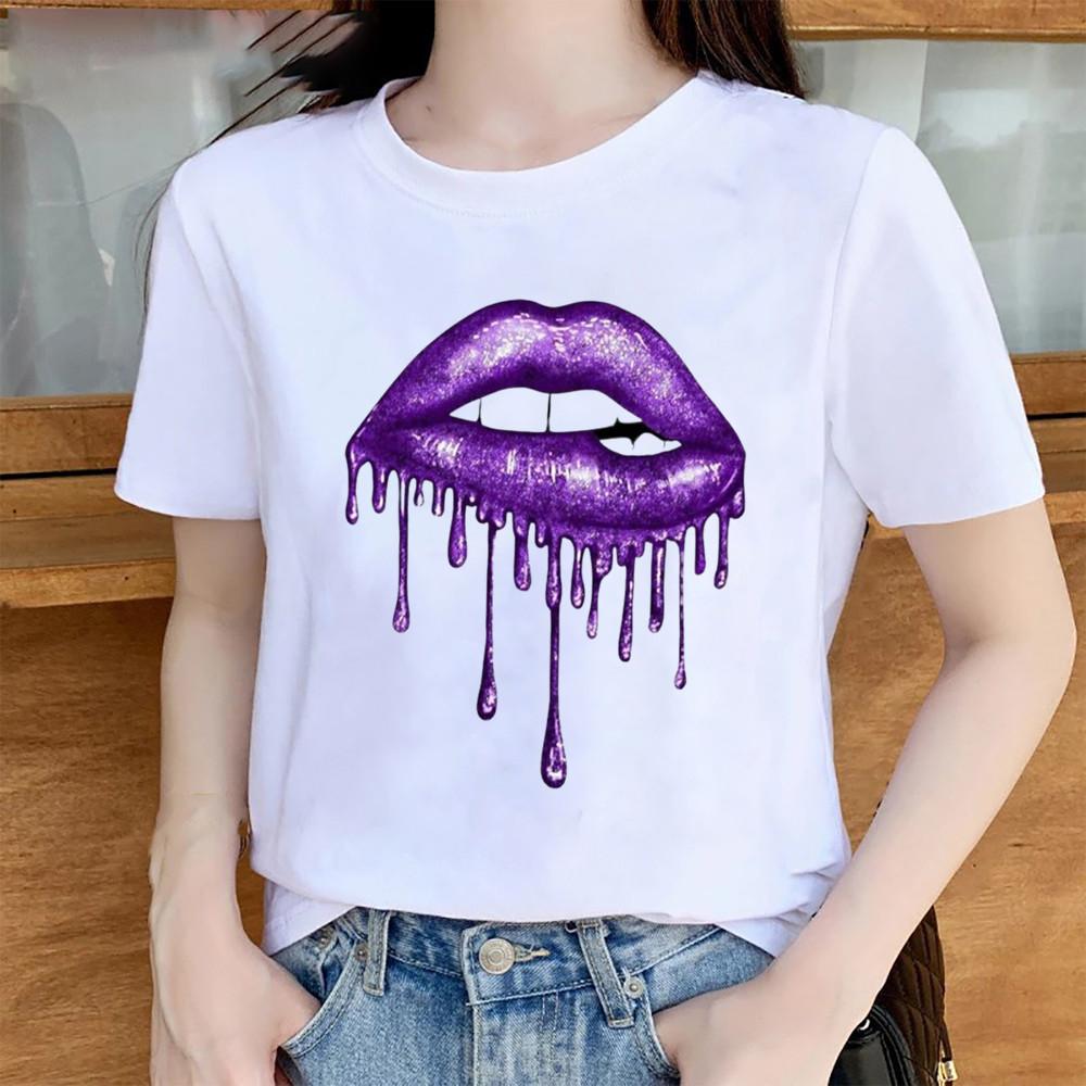 Summer Sexy Lip Print Short Sleeve Tshirt Womens Fashion Graphic Top High Street Slim Fit Modal Fabric