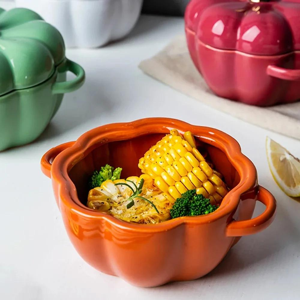Pumpkin Ceramic Bowl with Lid Mini Baking Pan Cute Pumpkin Bowls Outdoor Travel Children's Tableware Thanksgiving Party Decor