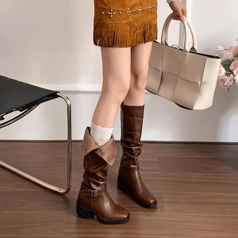 New Style Women's Thick Heels Fold Pile Long Knight Boots Pointed Low Heels Casual Elegant Temperament Sleeve Slim Boots