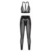 S-3XL Women Wet Look PU Leather Clubwear Set Zipper Cups Y-Back Bralette with Mesh Leggings Tights for Rave Party