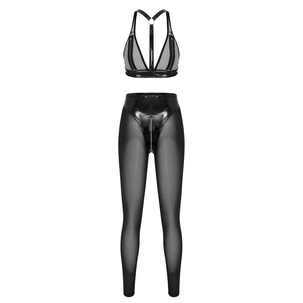S-3XL Women Wet Look PU Leather Clubwear Set Zipper Cups Y-Back Bralette with Mesh Leggings Tights for Rave Party