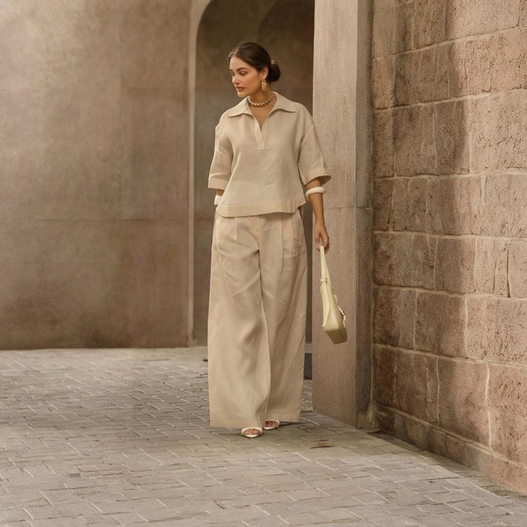 Women's Casual Two-piece Collar Top And Wide Leg Pants Set