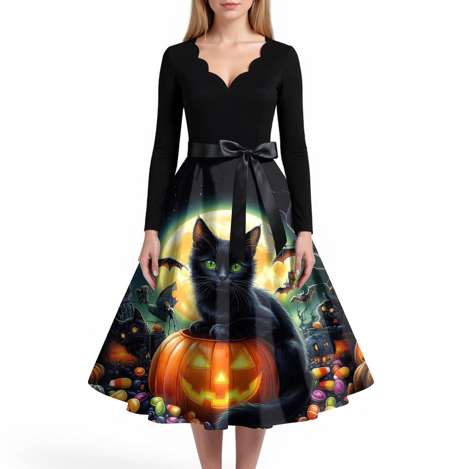 

Женское повседневное и модное платье с V-образным вырезом и длинными рукавами с принтом на Хэллоуин XL небесно-голубой