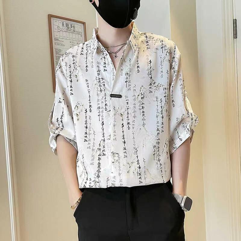 Chinese Style Character Printed Shirts Men's Clothing Turn-down Collar Summer Vintage Spliced Loose Casual Short Sleeve Shirts