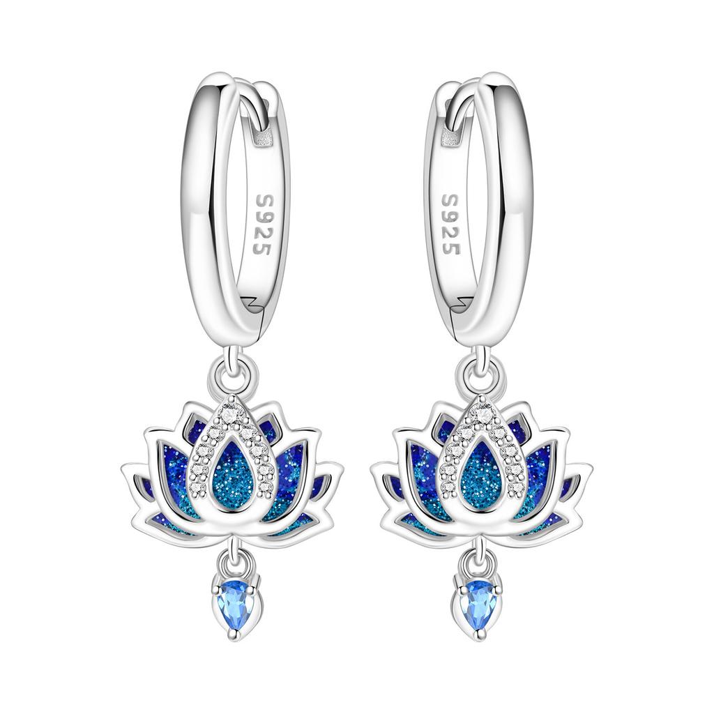 Orstarry Original 925 Sterling Silver Blue Iris Flower Earrings Women Hoop Earring Anniversary Jewelry Trendy Gifts