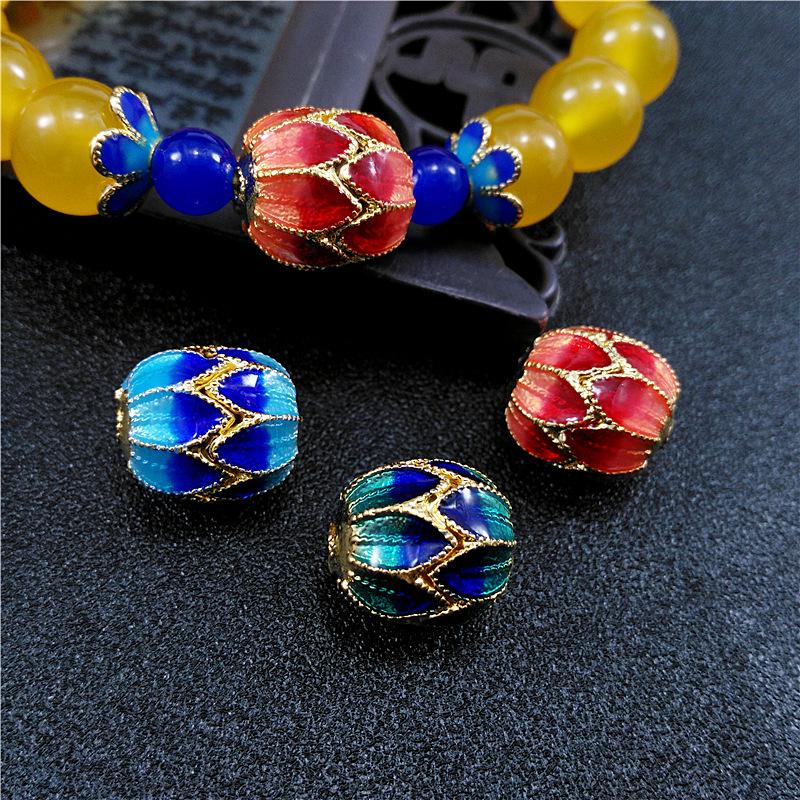 Cloisonné Agate & Amber Beeswax Bracelet with Jadeite & Pure Copper Enamel Beads