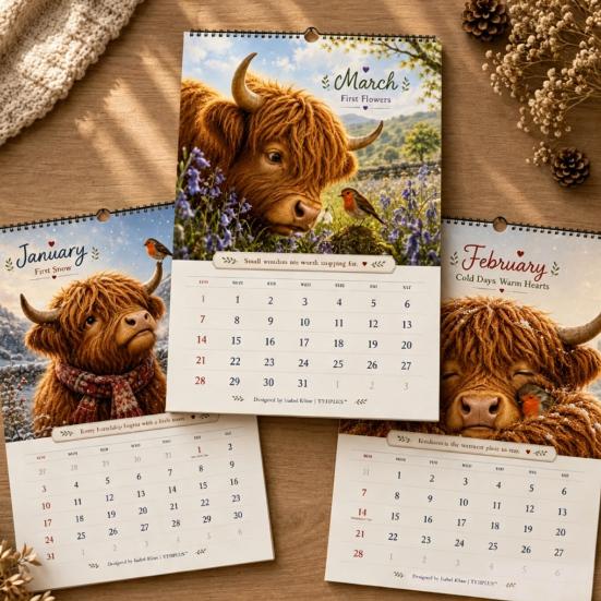 Holiday Gift for Her 2027 Highland Cow Wall Calendar, A4 Hanging Monthly Planner Home Personalized Lovers Office, Scottish Cattle Decorative Schedule