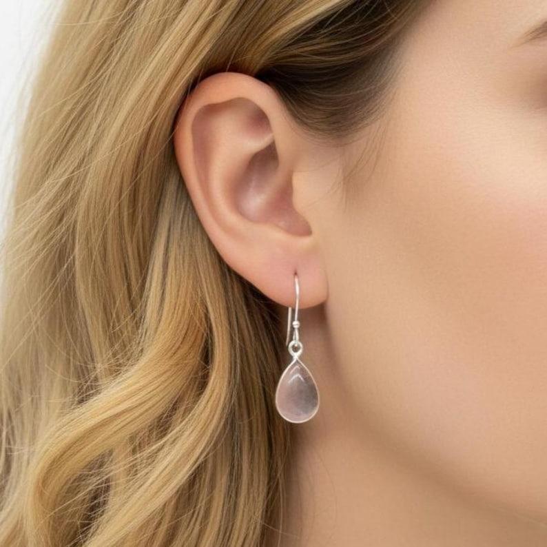 Solid 925 Sterling Silver Pear Rose Quartz Gemstone Handmade Dangle Earrings Gift For Her Bezel Earrings