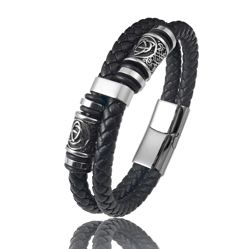 Combination Symbol Accessories Stainless Steel Men's Leather Bracelet Double Weave Suitable for Handsome Boys Birthday Gifts