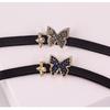 Rockyu Black Leather Collar Choker Necklace for Women, Featuring Zirconia, Gray Diamond, and Butterfly Motif. Adjustable Size. Nazar Boncuk Accessory.