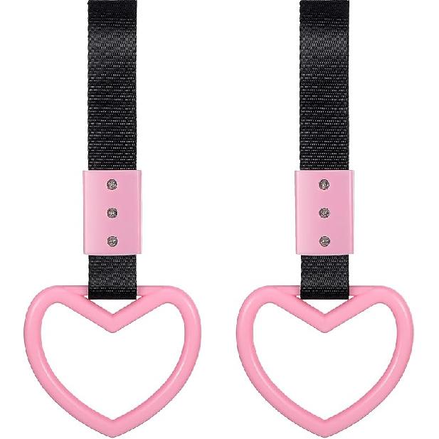 BBTO 2 Pieces Heart Shaped Car Handle Straps Drift Charm Rear Bumper Warning Ring Decor Subway Bus Broken Heart Handle For Car Interior(Light Pink)