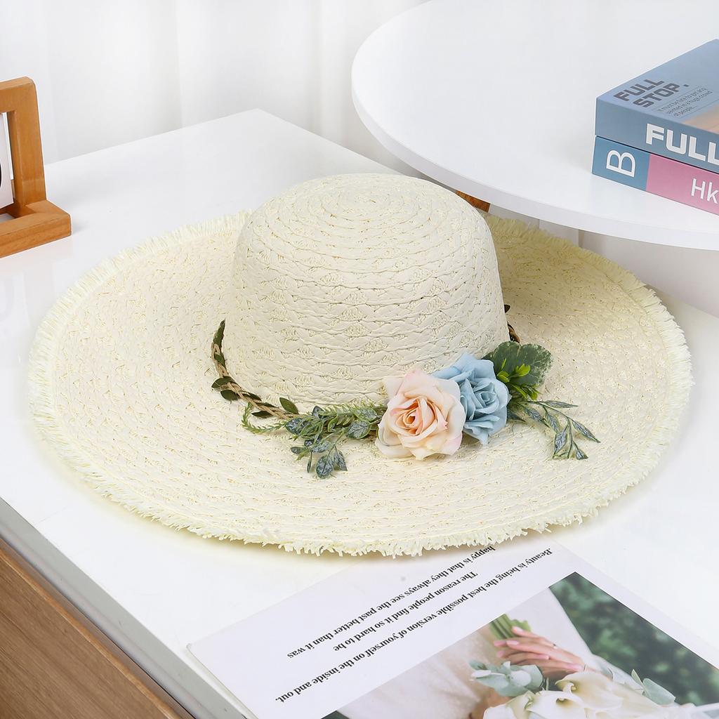 Lace Bow Straw Hat Women's Summer French Large Brim Sunscreen Hat Seaside Beach Vacation Sun Hat