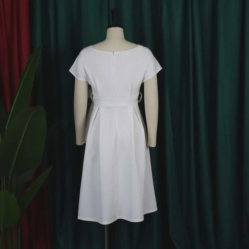 Sommar V-ringad Enfärgad Midja Knytskärp Swingklänning för Europeisk & Amerikansk Mode