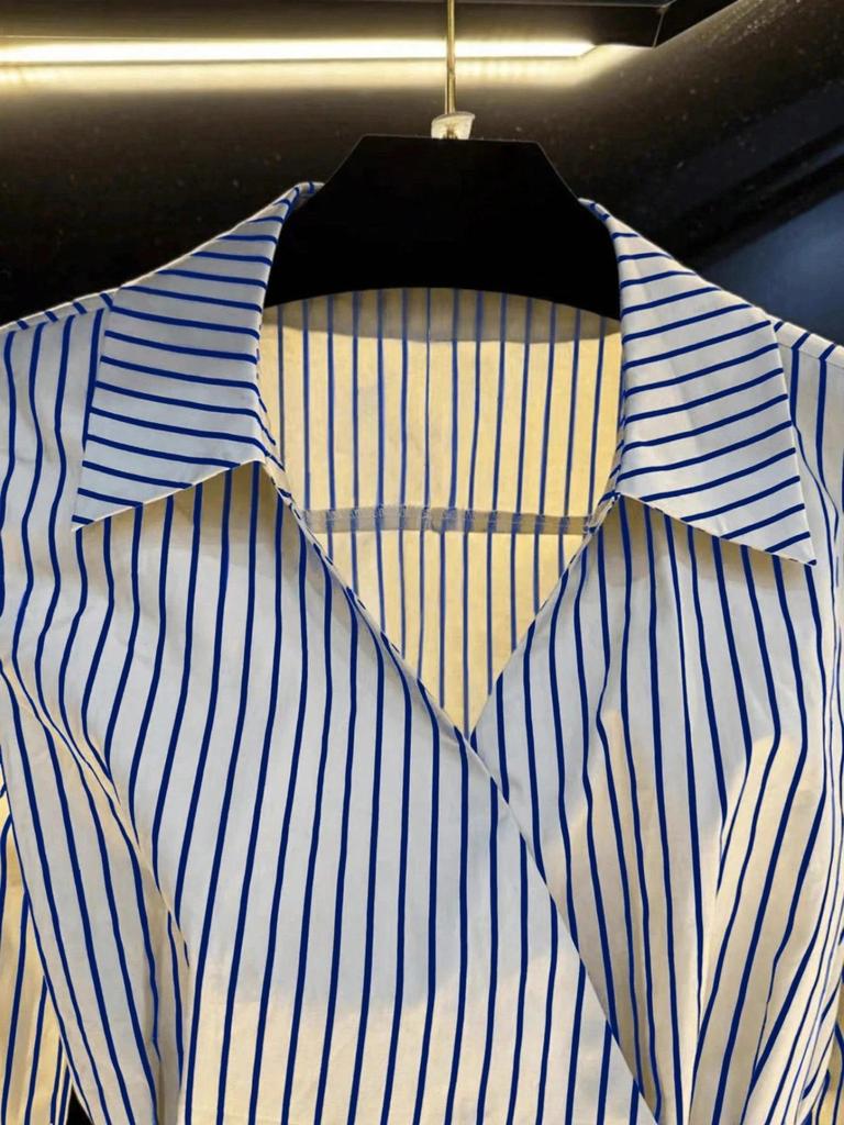 Women's Autumn 2025 Slimming Striped Long Sleeve Shirt with Irregular Waist-Cinching - Chic and Niche Style
