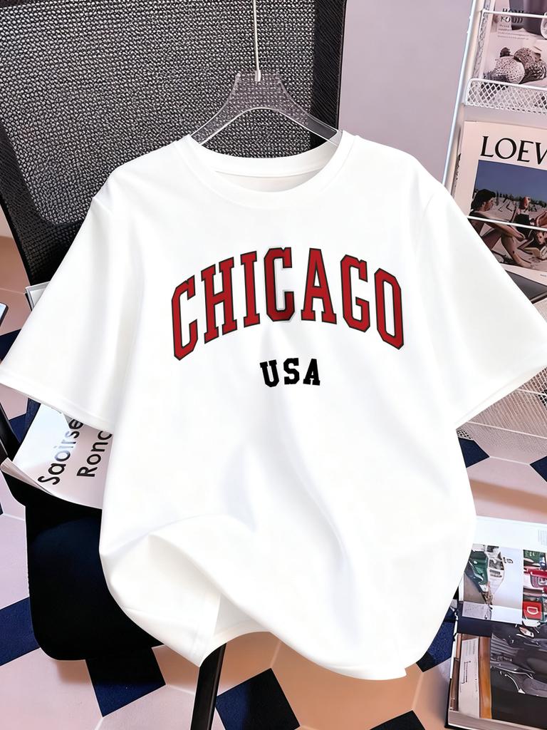 Chicago Usa Letter Printing TShirt Women Summer Short Sleeve Tops Comfortable Soft ONeck T Shirt Casual Womans Clothes