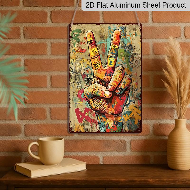 2D Flat Vintage Graffiti Art & Peace Sign | Aluminum Wall Hanging with Doodle Drawing and Peace Hand Gesture, Pre-Drilled Holes, Humorous Design