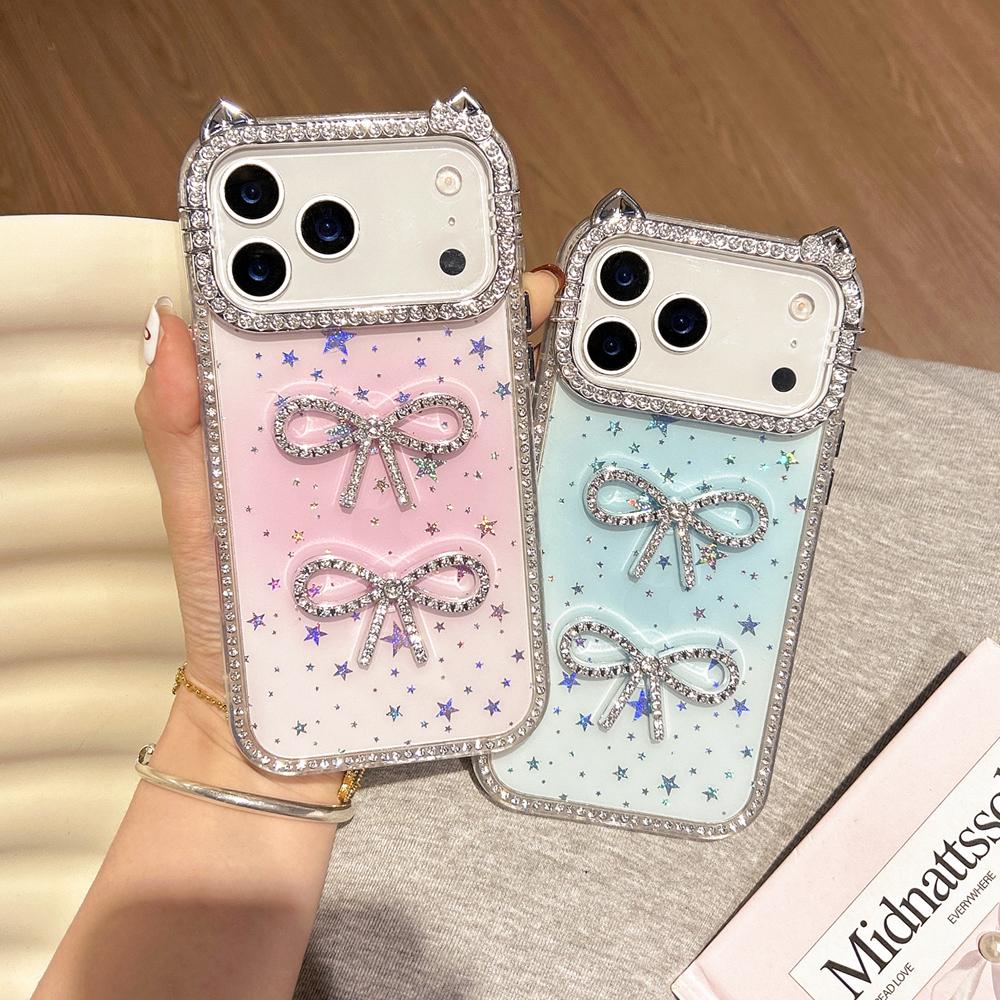 KEYSION Cute 3D Cat Ear Transparent Phone Case for iPhone 14 15 Pro Max 14 15 Plus Glitter Jewelled Bowknot Shockproof Back Cover