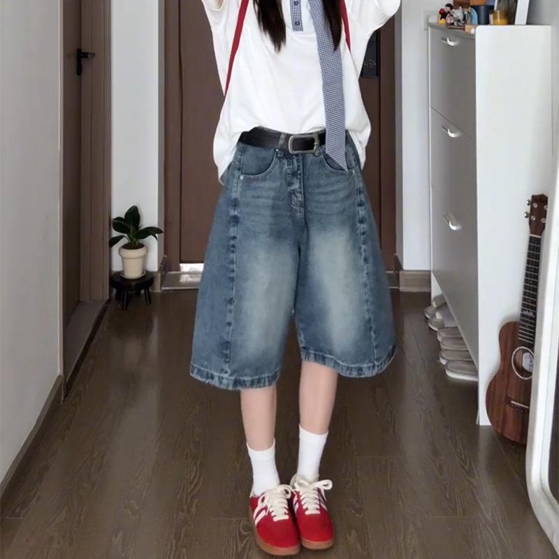 

Женские джинсовые шорты больших размеров с высокой посадкой в стиле ретро, свободного кроя, средней длины, слим-фит, прямого кроя, летний стиль. Medium синий