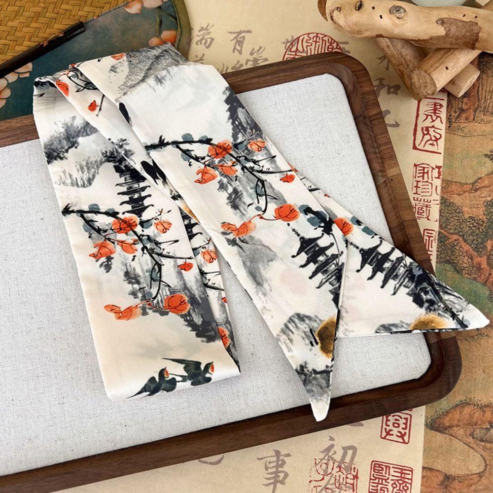 Minimalist Style Ink Painting Silk Scarf Long Ancient Hair Band Retro Ribbon Headband  Lady