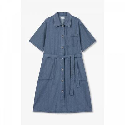 Pinstripe Denim Belted Short Sleeve Dress 9176341987 