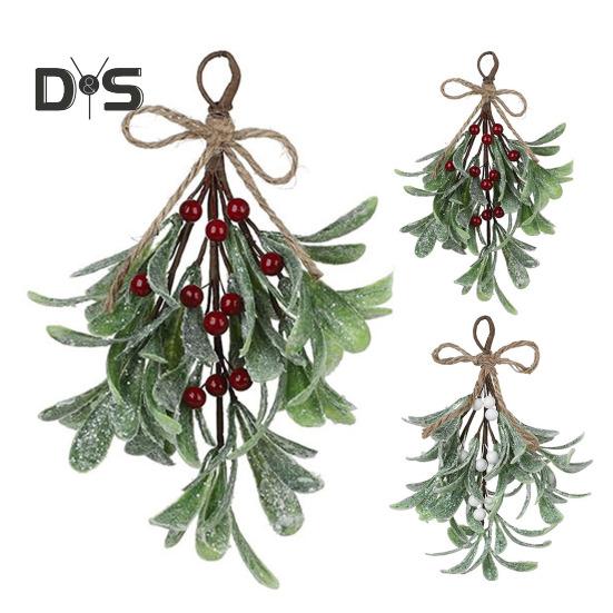 Rama de muérdago artificial para colgar en Navidad, adorno de muérdago falso con lazo, hojas con purpurina, rama de muérdago simulada para guirnalda, ramo para puerta