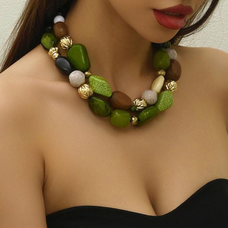 Artistic Vintage Inspired Thick Beaded Collar Necklace Featuring Mixed Charm And Adjustable Closure Design Jewelry