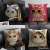 Art Cat Cute Cushion Cover Summer Breathable Linen Organic Fabric Double-Sided Printing Sofa Pillow Case Home Decor