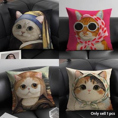 Art Cat Cute Cushion Cover Summer Breathable Linen Organic Fabric Double-Sided Printing Sofa Pillow Case Home Decor