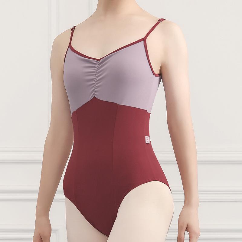 Fushinu Damen Farbblock Geraffte Taille Gymnastiktrikot Ballett Übungskleidung