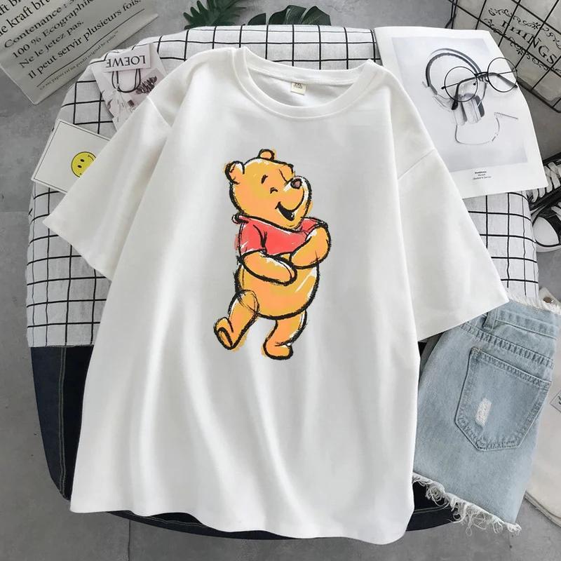 MINISO Winnie Disney Women Men Tshirts Pooh Bear Cartoon Kawaii Tops Fashion Oversized Clothing Short Sleeve Hotselling Top